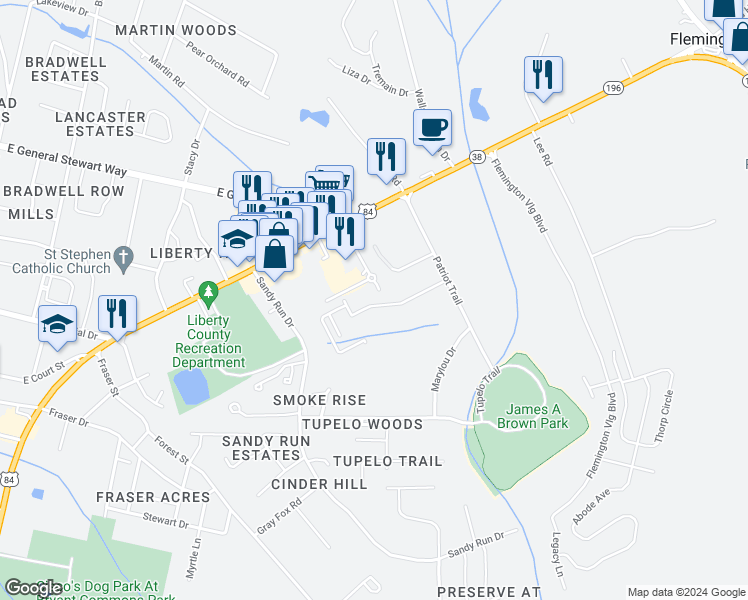 map of restaurants, bars, coffee shops, grocery stores, and more near 203 Marylou Drive in Hinesville