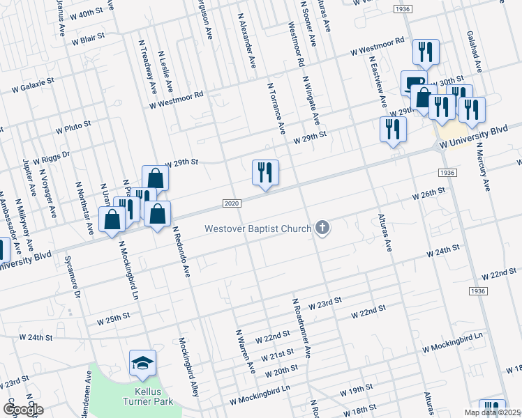 map of restaurants, bars, coffee shops, grocery stores, and more near 6835-6859 West University Boulevard in Odessa