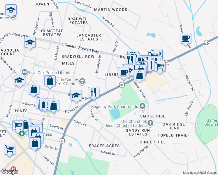map of restaurants, bars, coffee shops, grocery stores, and more near 606 East Oglethorpe Highway in Hinesville