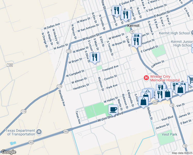 map of restaurants, bars, coffee shops, grocery stores, and more near 500-508 South Olive Street in Kermit