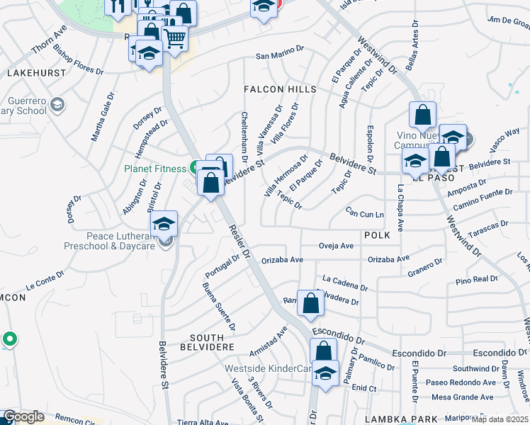 map of restaurants, bars, coffee shops, grocery stores, and more near 7059 Villa Hermosa Drive in El Paso