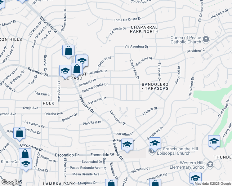 map of restaurants, bars, coffee shops, grocery stores, and more near 620 El Gusto Drive in El Paso