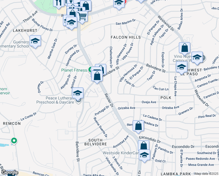 map of restaurants, bars, coffee shops, grocery stores, and more near 640 North Resler Drive in El Paso