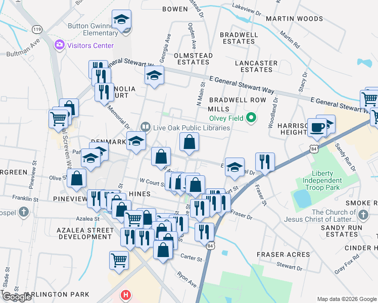 map of restaurants, bars, coffee shops, grocery stores, and more near 313 North Main Street in Hinesville