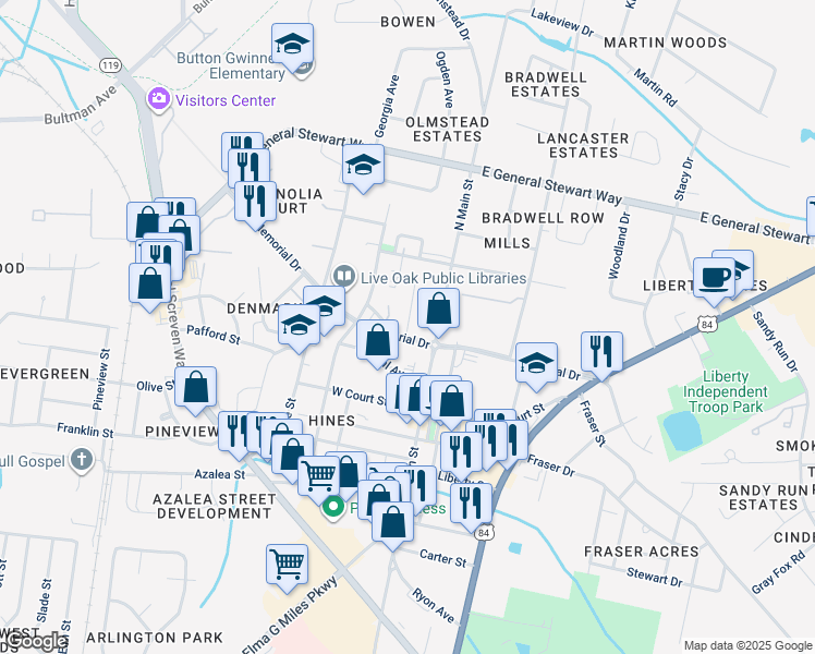 map of restaurants, bars, coffee shops, grocery stores, and more near 1-99 Park Street in Hinesville