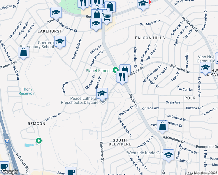 map of restaurants, bars, coffee shops, grocery stores, and more near 7308 Tudor Way in El Paso