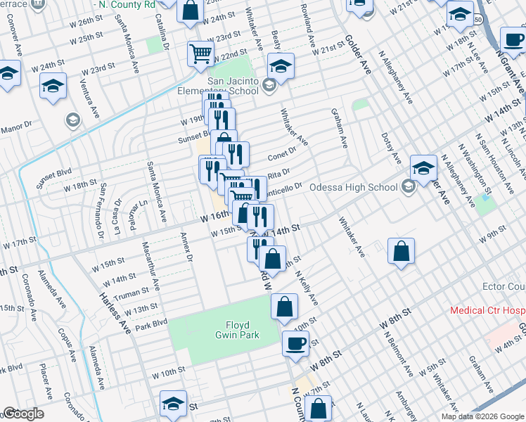 map of restaurants, bars, coffee shops, grocery stores, and more near 313 Monticello Drive in Odessa