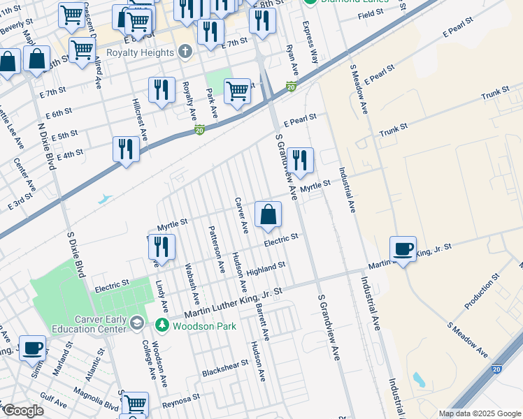 map of restaurants, bars, coffee shops, grocery stores, and more near 1700-1746 Myrtle Street in Odessa
