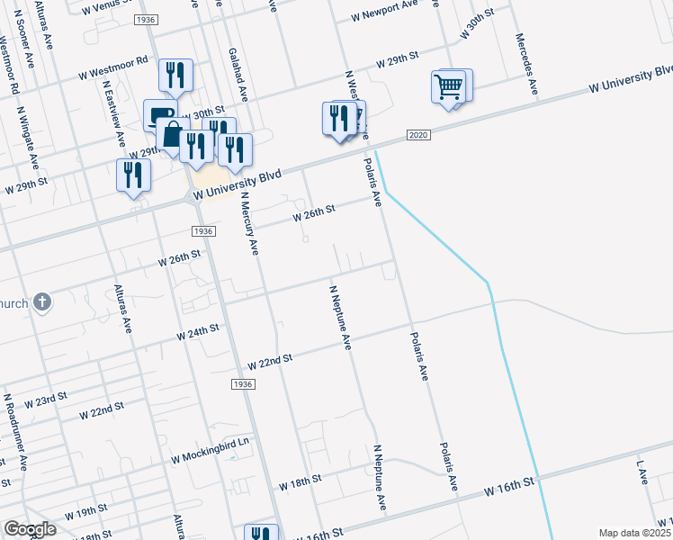 map of restaurants, bars, coffee shops, grocery stores, and more near 5264 West 24th Street in Odessa