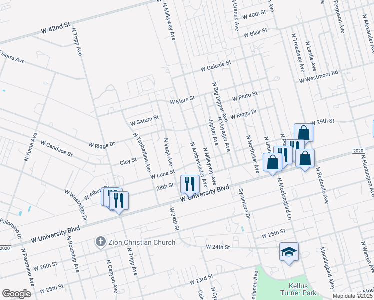 map of restaurants, bars, coffee shops, grocery stores, and more near 3000-3098 North Ambassador Avenue in Odessa