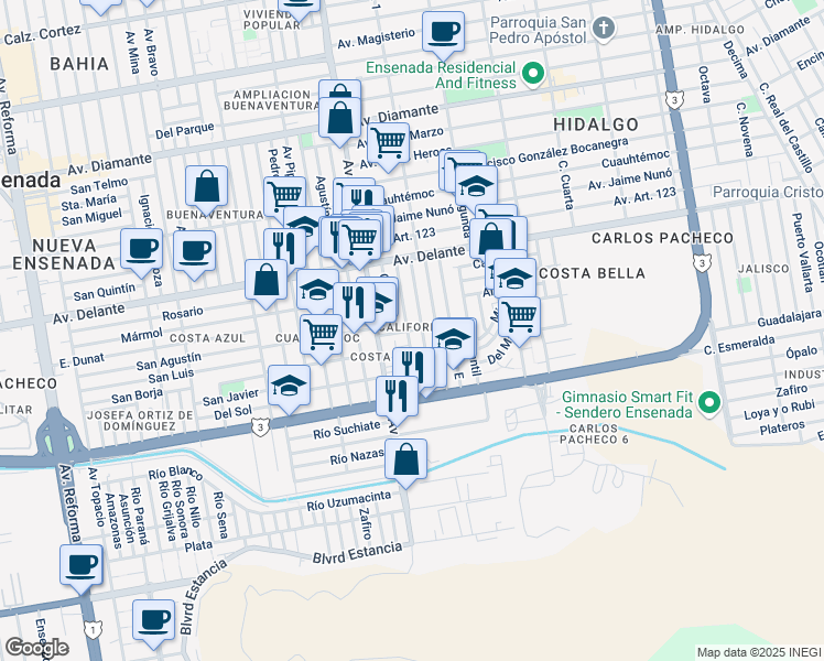 map of restaurants, bars, coffee shops, grocery stores, and more near in Ensenada