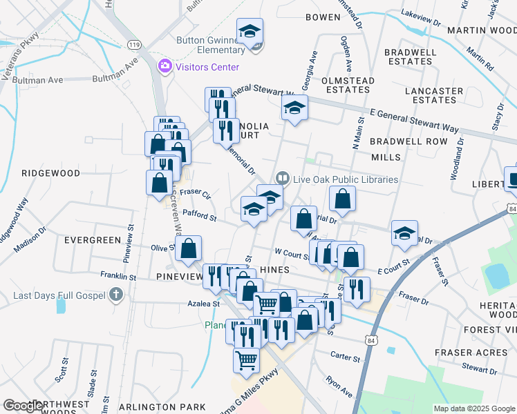 map of restaurants, bars, coffee shops, grocery stores, and more near 308 Rolland Street in Hinesville