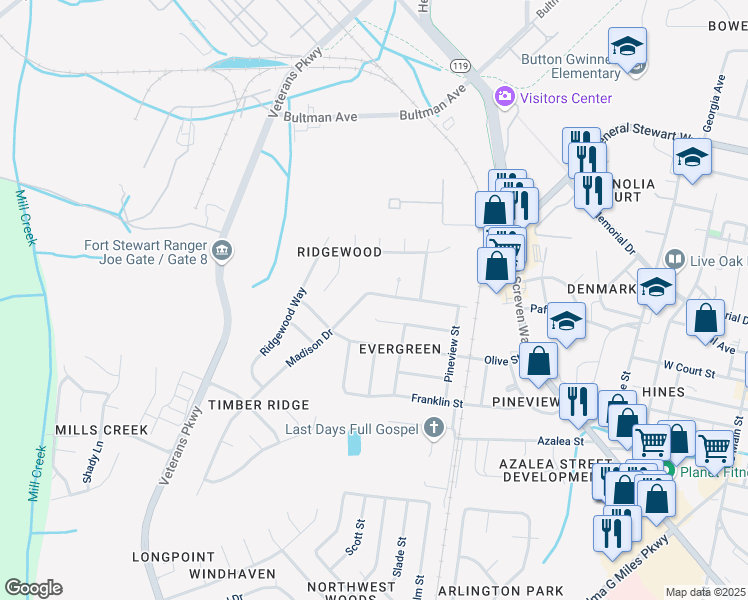 map of restaurants, bars, coffee shops, grocery stores, and more near 706 Madison Drive in Hinesville