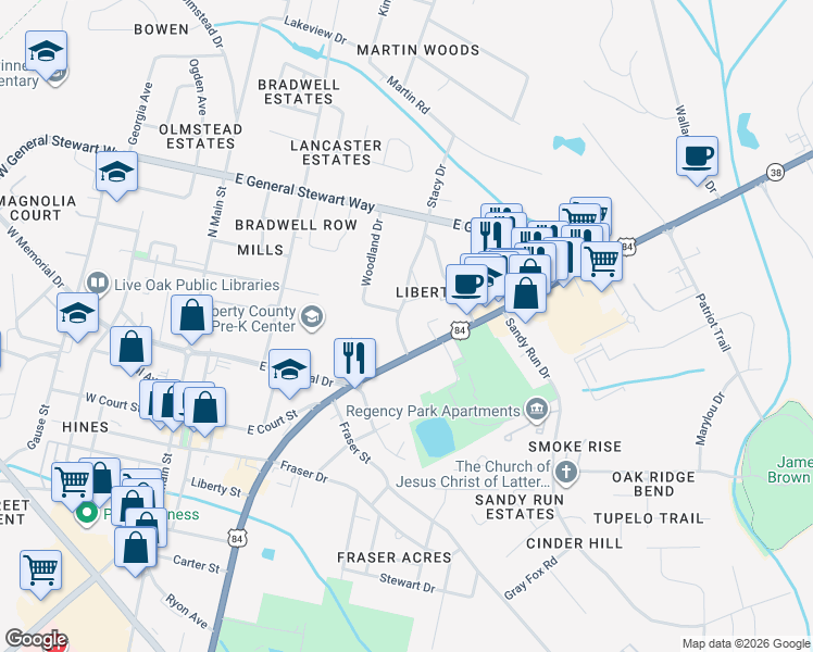 map of restaurants, bars, coffee shops, grocery stores, and more near 606 Oglethorpe Highway in Hinesville