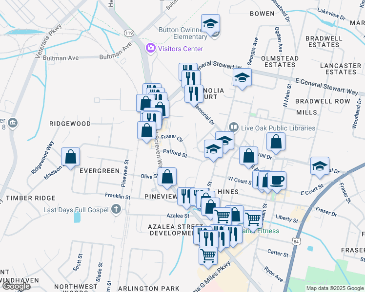 map of restaurants, bars, coffee shops, grocery stores, and more near 321 Fraser Circle in Hinesville