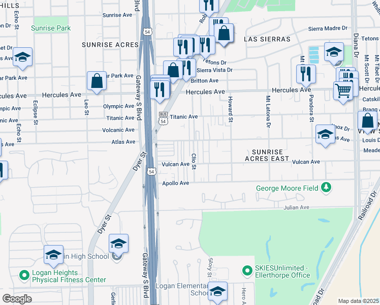 map of restaurants, bars, coffee shops, grocery stores, and more near 4525 Vulcan Avenue in El Paso