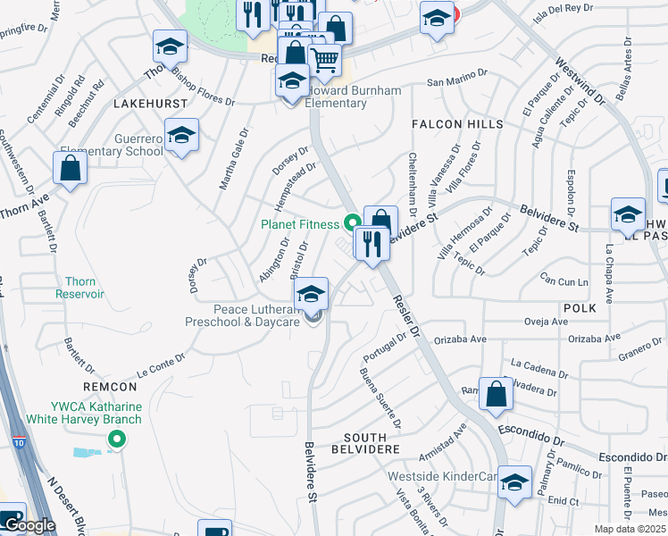 map of restaurants, bars, coffee shops, grocery stores, and more near 7308 Tudor Way in El Paso