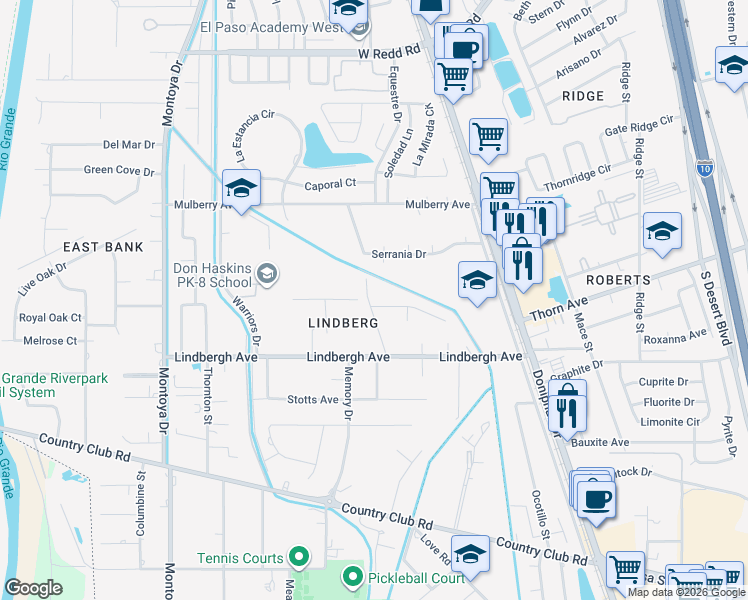 map of restaurants, bars, coffee shops, grocery stores, and more near 321 Arboles Drive in El Paso