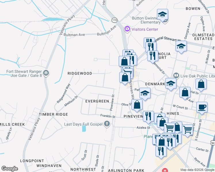 map of restaurants, bars, coffee shops, grocery stores, and more near 616 Madison Drive in Hinesville