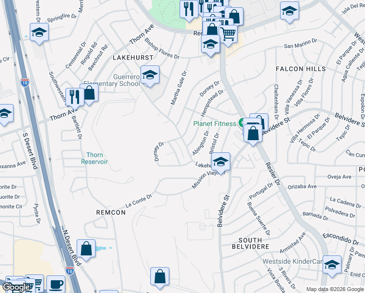 map of restaurants, bars, coffee shops, grocery stores, and more near 7405 Lakehurst Road in El Paso