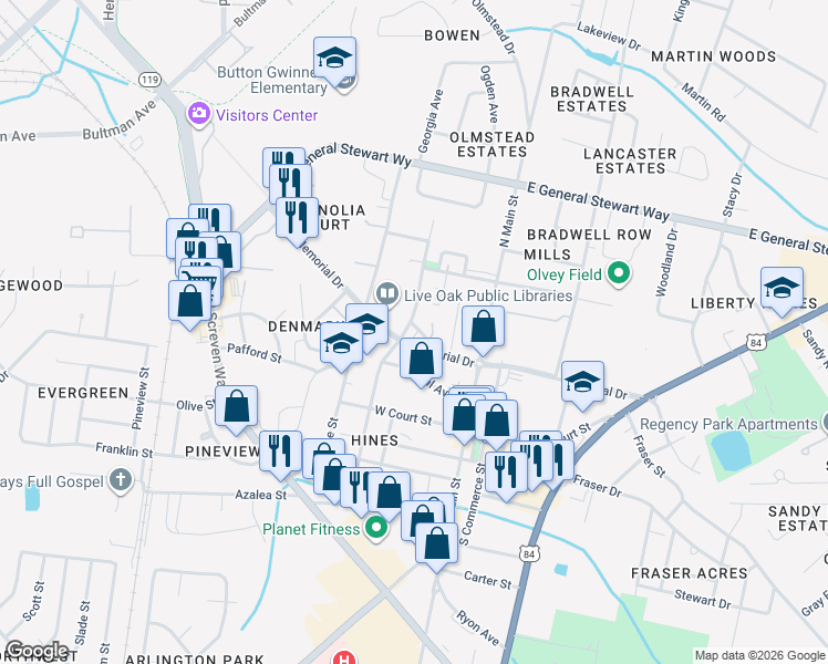 map of restaurants, bars, coffee shops, grocery stores, and more near 200 Memorial Drive in Hinesville
