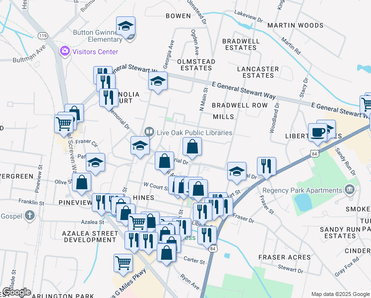 map of restaurants, bars, coffee shops, grocery stores, and more near 313 North Main Street in Hinesville