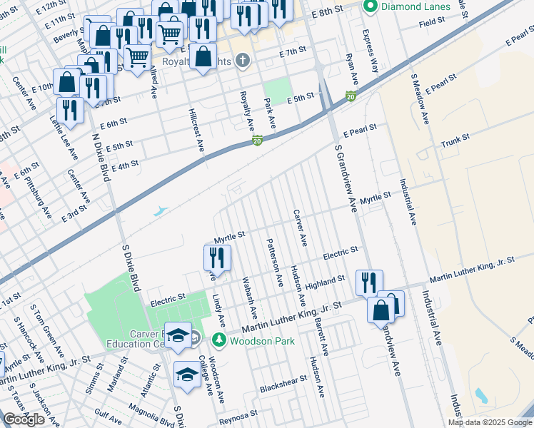 map of restaurants, bars, coffee shops, grocery stores, and more near 219 Patterson Avenue in Odessa