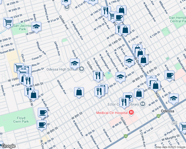 map of restaurants, bars, coffee shops, grocery stores, and more near 1117 Golder Avenue in Odessa