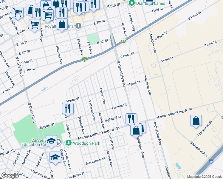 map of restaurants, bars, coffee shops, grocery stores, and more near 1746 Myrtle Street in Odessa
