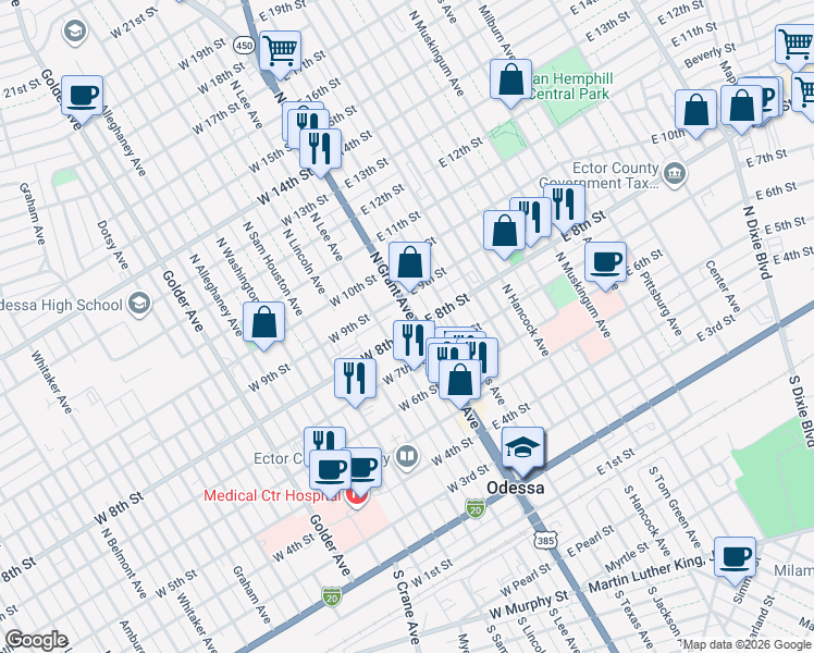 map of restaurants, bars, coffee shops, grocery stores, and more near 801 North Grant Avenue in Odessa