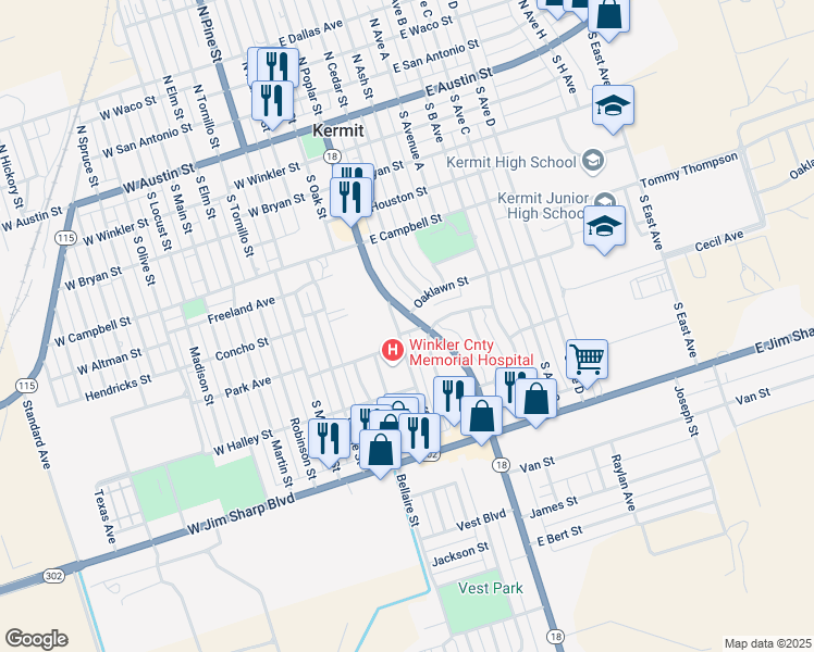 map of restaurants, bars, coffee shops, grocery stores, and more near 601 South Poplar Street in Kermit