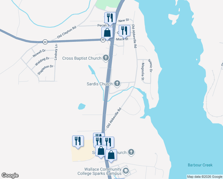 map of restaurants, bars, coffee shops, grocery stores, and more near 3000-3098 South Eufaula Avenue in Eufaula