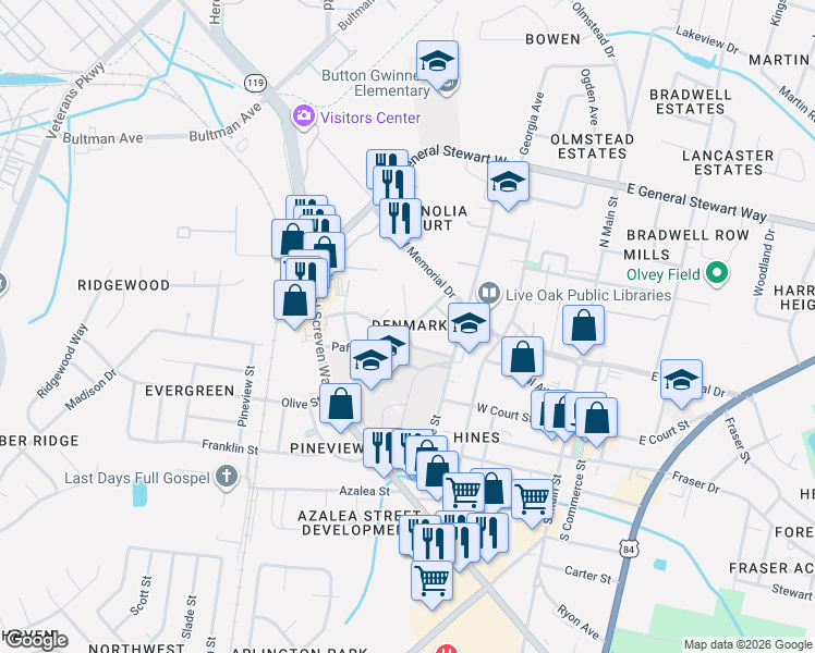 map of restaurants, bars, coffee shops, grocery stores, and more near 101 Rolland Street in Hinesville