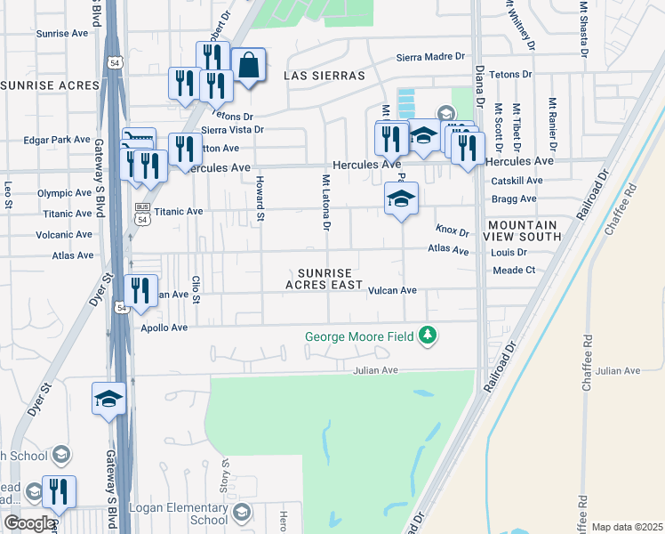 map of restaurants, bars, coffee shops, grocery stores, and more near 7830 Mount Latona Drive in El Paso