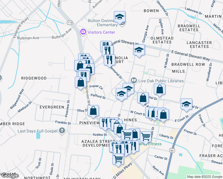 map of restaurants, bars, coffee shops, grocery stores, and more near 101 Rolland Street in Hinesville