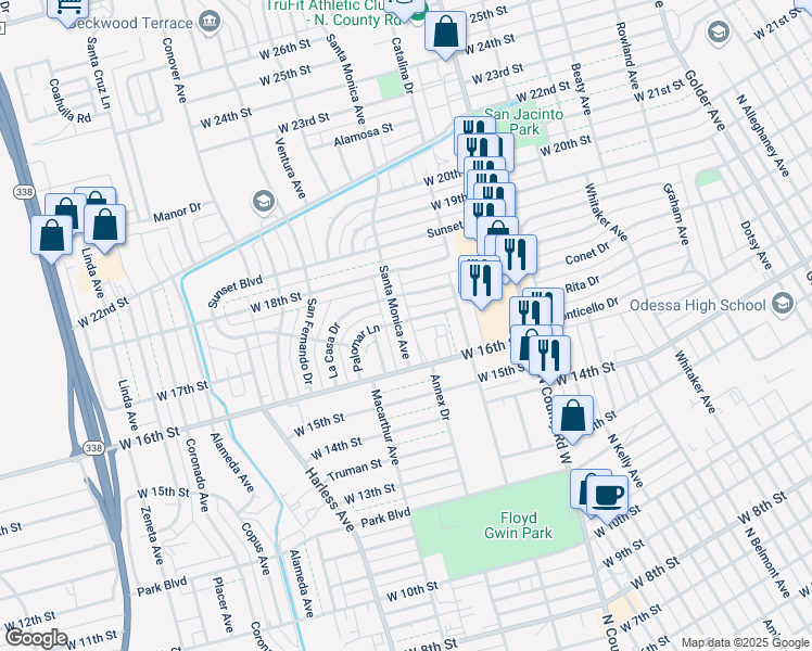 map of restaurants, bars, coffee shops, grocery stores, and more near 1614 Santa Monica Avenue in Odessa