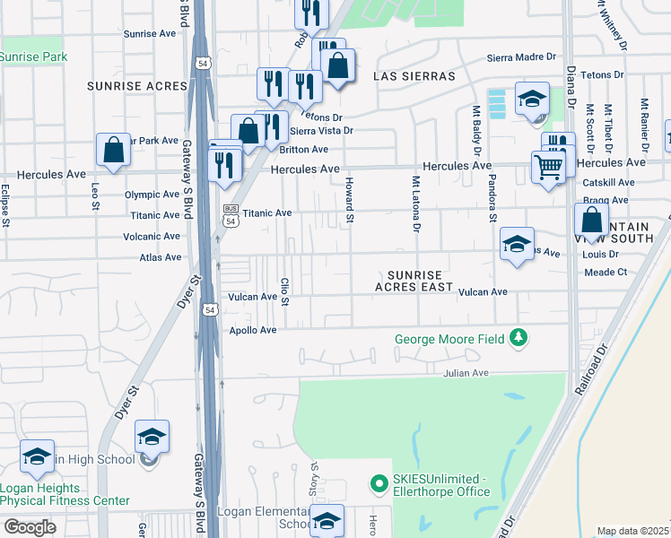 map of restaurants, bars, coffee shops, grocery stores, and more near 4643 Vesta Loop Court in El Paso