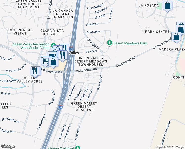 map of restaurants, bars, coffee shops, grocery stores, and more near 1323 South Desert Meadows Circle in Green Valley