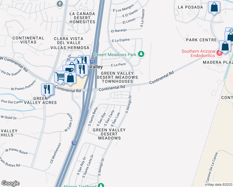 map of restaurants, bars, coffee shops, grocery stores, and more near 1323 South Desert Meadows Circle in Green Valley