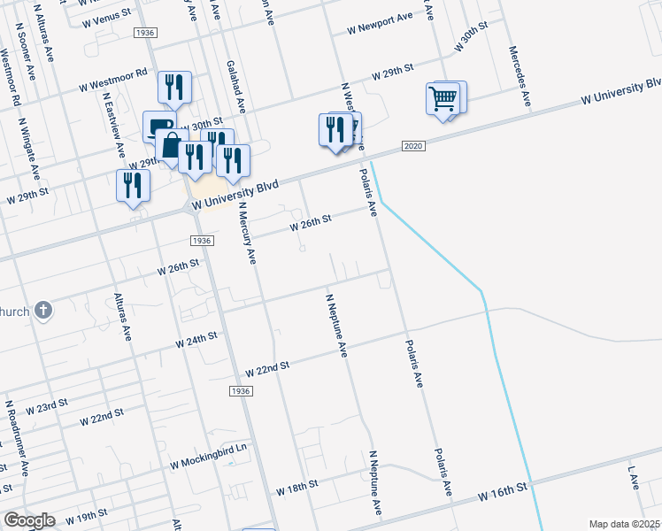 map of restaurants, bars, coffee shops, grocery stores, and more near 5264 West 24th Street in Odessa
