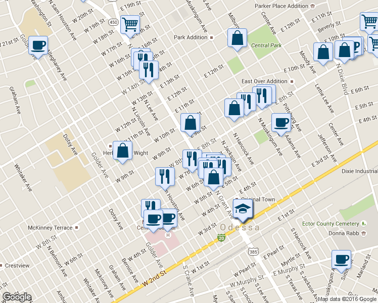 map of restaurants, bars, coffee shops, grocery stores, and more near 801 North Grant Avenue in Odessa