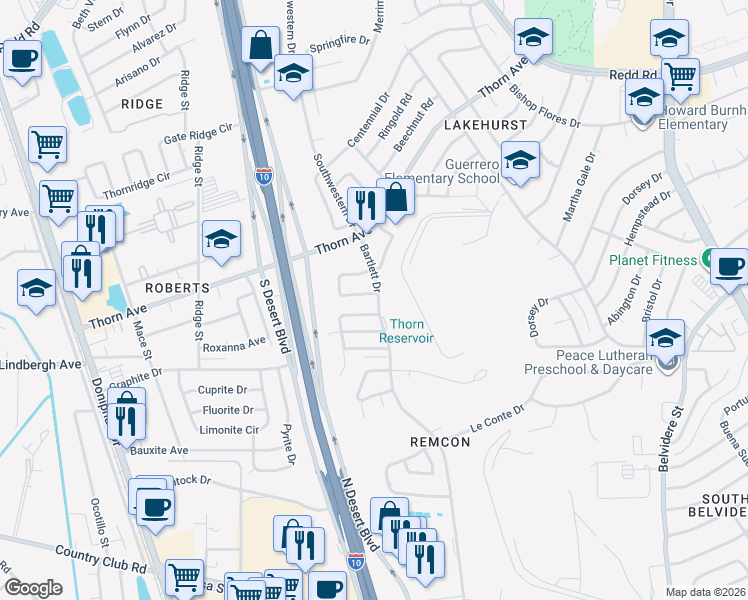 map of restaurants, bars, coffee shops, grocery stores, and more near 7796 Waterhouse Drive in El Paso