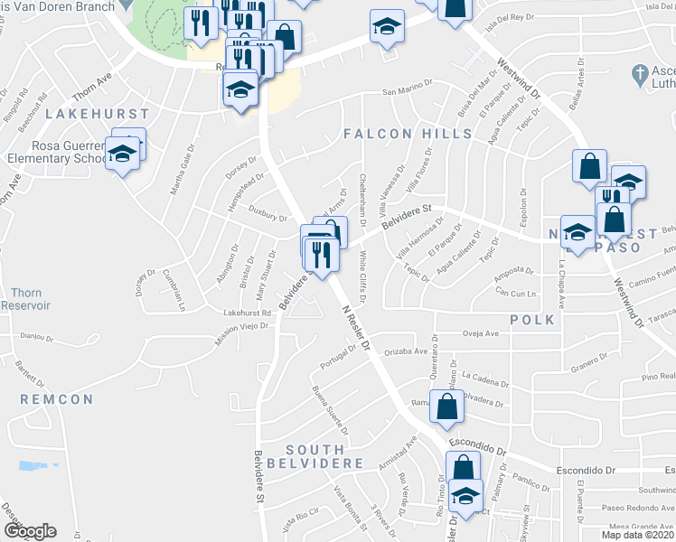 map of restaurants, bars, coffee shops, grocery stores, and more near 640 North Resler Drive in El Paso