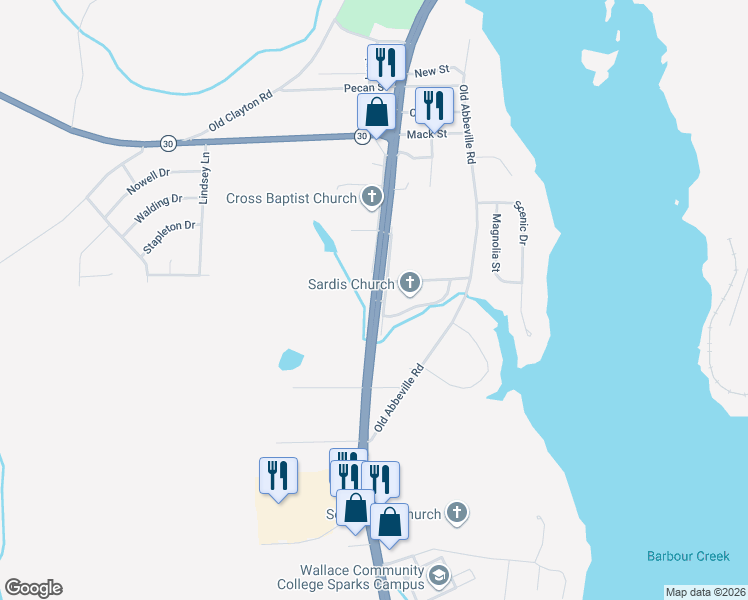 map of restaurants, bars, coffee shops, grocery stores, and more near 3000 South Eufaula Avenue in Eufaula