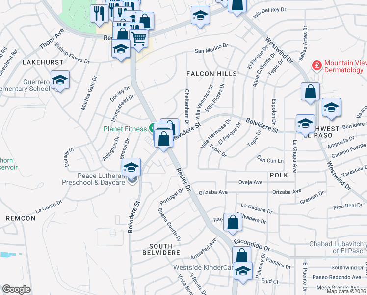 map of restaurants, bars, coffee shops, grocery stores, and more near 643 White Cliffs Drive in El Paso