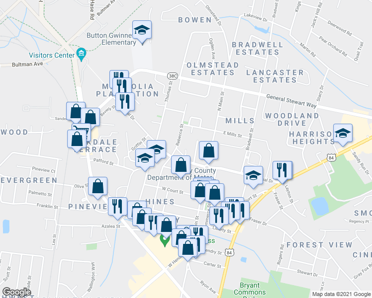 map of restaurants, bars, coffee shops, grocery stores, and more near 99 Park Street in Hinesville