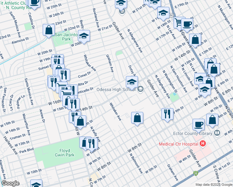 map of restaurants, bars, coffee shops, grocery stores, and more near 1010 West 14th Street in Odessa