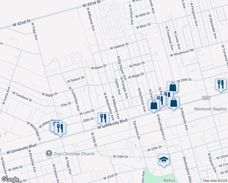 map of restaurants, bars, coffee shops, grocery stores, and more near Jupiter Avenue in Odessa