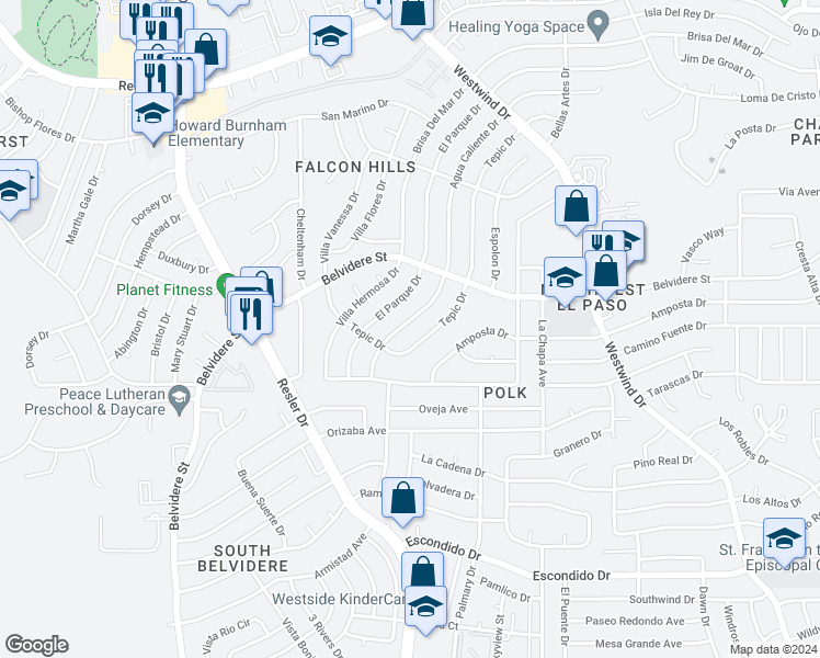 map of restaurants, bars, coffee shops, grocery stores, and more near 638 Agua Caliente Drive in El Paso