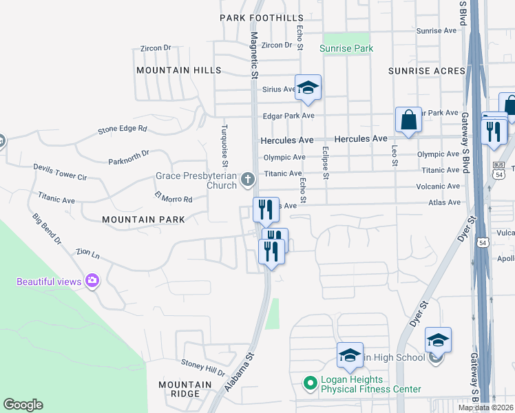 map of restaurants, bars, coffee shops, grocery stores, and more near Atlas Drive in El Paso